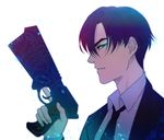  akubaka aqua_eyes bangs black_hair cosplay dominator_(gun) dress_shirt eyebrows formal from_side glowing glowing_eyes gun hair_between_eyes initial_d light_particles looking_at_viewer male_focus necktie parted_bangs profile psycho-pass shirt simple_background smirk solo suit takahashi_ryousuke thick_eyebrows trigger_discipline upper_body weapon white_background wing_collar 