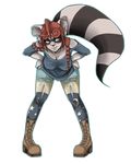  bent_over boots breasts chamasama clothing ear_piercing female hand_on_hip hanging_breasts industrial_piercing looking_at_viewer mammal piercing raccoon smile solo wide_hips 