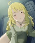  ahoge artist_request bench blonde_hair blush closed_eyes collarbone dress facing_viewer from_above heart heart_necklace hoshii_miki idolmaster idolmaster_(classic) idolmaster_cinderella_girls incoming_kiss jewelry long_hair necklace official_art solo 