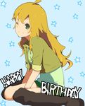  bad_id bad_pixiv_id blonde_hair green_eyes happy_birthday highres hoshii_miki idolmaster idolmaster_(classic) jewelry long_hair necklace one_eye_closed smile solo star vc3000mg 