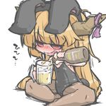  alcohol animal_ears beer beer_mug blonde_hair blush bunny_ears bunnysuit cup drooling drunk holding holding_cup horn ibuki_suika kureha_mitsushige long_hair mug open_mouth pantyhose red_eyes solo sweat touhou 