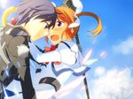  1girl armor blue_eyes blue_hair blush bow bowtie brown_hair chrono_harlaown cloud day dress fingerless_gloves gauntlets gloves hair_ribbon hug jacket lens_flare long_sleeves looking_at_another lyrical_nanoha magical_boy magical_girl mahou_shoujo_lyrical_nanoha mahou_shoujo_lyrical_nanoha_a's open_mouth raising_heart ribbon s2u short_hair short_twintails sky takamachi_nanoha takana twintails white_dress 