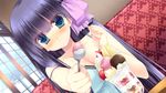  blue_eyes blush breasts cleavage dutch_angle food foreshortening game_cg gangsta_republica ice_cream long_hair medium_breasts miyasu_risa mizugaki_koori non-web_source purple_hair solo 