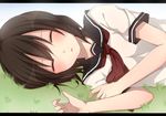  black_hair closed_eyes grass letterboxed lying on_side original parted_lips school_uniform serafuku short_hair sleeping solo yamasuta 