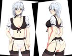  apron ass back black_legwear blush braid breasts choker cleavage garter_belt grey_eyes izayoi_sakuya maid maid_headdress medium_breasts midriff multiple_views navel neko_majin no_bra panties panty_pull ribbon_choker see-through short_sleeves silver_hair thighhighs thong touhou twin_braids underwear waist_apron white_panties 