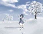  ahoge ankle_socks arm_up blue_eyes blue_hair blue_sky bow cirno cloud day dress footprints hair_bow hill ice ice_wings looking_at_viewer mary_janes oshinko puffy_short_sleeves puffy_sleeves ribbon shadow shoes short_hair short_sleeves sky snow solo touhou tree wings winter 