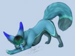  black_hair blue_fur canine claws cute fennec feral fox fur green_eyes green_hair grey_fur hair hashire large_ears long_tail male mammal pawpads raoul stretching teal_fur tongue 