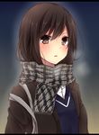  bangs blazer blue_sweater blush breath brown_eyes brown_hair commentary_request enpera gradient gradient_background hair_between_eyes jacket letterboxed long_hair original parted_lips plaid plaid_scarf scarf school_uniform solo sweater upper_body yamasuta 