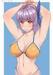  armpits arms_behind_head arms_up ayane_(doa) bikini blush breasts dated dead_or_alive headband large_breasts looking_at_viewer purple_hair red_eyes short_hair smile solo swimsuit yellow_bikini zenkou 