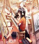  black_hair blue_eyes canvas_(object) drawing easel headphones legs long_hair original pencil rff_(3_percent) shirt shoes shorts sitting sneakers solo t-shirt 