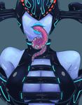  1girl big_breasts blue_background blue_lips blue_lipstick blue_skin breasts cleavage clothed clothing female helmet lips lipstick long_tongue makeup no_eyes open_mouth plain_background saliva sweat tentacle tentacle_tongue tentacles the_wonderful_101 tongue tongue_out unknown_artist vijounne 