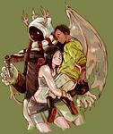  black_hair dark_skin demon dual_persona haru_(dorohedoro) hood hoodie hug hugging kasukabe_(dorohedoro) luzy microphone scarf 