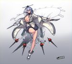  ankle_boots boots breasts collarbone dual_wielding flower gradient gradient_background grey_eyes hair_flower hair_ornament highres holding jacket jjune knife large_breasts long_hair long_sleeves making_of no_bra open_clothes open_jacket original shirt shorts silver_hair smile solo 
