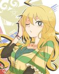  blonde_hair bracelet green_eyes happy_birthday hoshii_miki idolmaster idolmaster_(classic) jewelry kinoshita91 long_hair one_eye_closed solo 