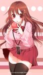  :o apple bad_id bad_pixiv_id blush bow breasts brown_hair cardigan cellphone curvy english food food_on_face fruit hair_ornament hairclip hairpin highres lanyard large_breasts long_hair original phone red_eyes ryoumi_shizuku skirt smartphone solo thighhighs zettai_ryouiki 