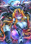  blue_skin blush breasts cleavage crystal_ball demon_girl demon_tail full_moon garter_straps goushou halo hera_(p&amp;d) huge_breasts long_hair looking_at_viewer moon orange_hair purple_eyes puzzle_&amp;_dragons solo succubus tail very_long_hair 
