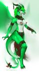  borsmenta breasts clothed clothing dragon female green_body horn jewelry loincloth looking_at_viewer nipples plain_background red_eyes skimpy solo standing white_background wings 