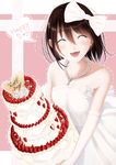  bare_shoulders black_hair bow cake closed_eyes dress elbow_gloves english flower food gloves hair_bow heart jewelry kentaurosu necklace original rose smile solo 