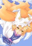  blonde_hair blush breasts cloud flying fox_tail hat large_breasts multiple_tails short_hair sky solo tail touhou yakumo_ran yellow_eyes zannen_na_neko 