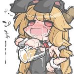  animal_ears blonde_hair blush bunny_ears bunnysuit cup drooling drunk horn ibuki_suika kureha_mitsushige long_hair mug open_mouth pantyhose red_eyes solo sweat touhou 