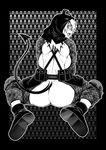  ankle_boots ass back backboob belt_pouch boots breasts bush chiba_toshirou demon_tail dorohedoro from_behind greyscale hood large_breasts monochrome nikaidou_(dorohedoro) pouch sitting smile solo tail wariza 