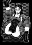  ankle_boots anus apron blush boots breasts chiba_toshirou convenient_censoring demon_tail dorohedoro folded greyscale hood horns large_breasts leg_lift lying monochrome nikaidou_(dorohedoro) no_bra no_panties sideboob smile solo spread_legs tail 