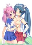  :o blue_hair bracelet breast_grab breasts bucket detached_sleeves grabbing green_eyes hair_bobbles hair_ornament hand_on_another's_head headgear isuzu_(kantai_collection) jewelry kageira kantai_collection large_breasts long_hair multiple_girls nipples no_bra open_clothes pink_eyes pink_hair sazanami_(kantai_collection) school_uniform see-through serafuku skirt small_breasts twintails wet wet_clothes yuri 