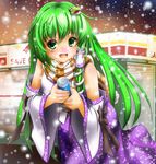  bad_id bad_pixiv_id blush breath building can cold detached_sleeves frog_hair_ornament green_eyes green_hair hair_ornament highres kochiya_sanae long_hair open_mouth scarf shop smile snake_hair_ornament snow snowing soraneko_(192355) touhou 