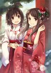 :d ahoge brown_eyes brown_hair bunches fang flower hair_flower hair_ornament hakama highres holding_hands japanese_clothes kimono kyuri miko multiple_girls open_mouth original parted_lips red_hakama side_ponytail sidelocks smile tree 