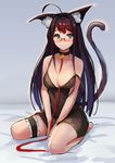  ahoge animal_ears aqua_eyes bare_shoulders barefoot bell bell_collar breasts brown_hair cat_ears cat_tail collar deneb_(noble324) glasses large_breasts leg_garter long_hair original seiza sitting smile solo tail 