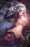  apple_caramel bad_id bad_pixiv_id breasts holding large_breasts long_hair navel original red_eyes silver_hair smile solo staff underboob 