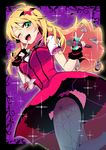  ;d bad_id bad_pixiv_id blonde_hair costume fingerless_gloves gloves green_eyes hoshii_miki idolmaster idolmaster_(classic) jewelry long_hair mery-chan microphone my_dear_vampire necklace one_eye_closed open_mouth print_legwear smile solo spider_web_print thighhighs 