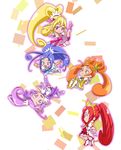  aida_mana blue_hair blush boots bow chibi cure_ace cure_diamond cure_heart cure_rosetta cure_sword dokidoki!_precure dress high_kick hishikawa_rikka kenzaki_makoto kicking kurohime_kiryuu long_hair madoka_aguri magical_girl multiple_girls orange_hair pink_bow pink_footwear pink_hair pink_sleeves ponytail precure purple_hair purple_skirt red_hair red_skirt short_hair skirt thigh_boots thighhighs yotsuba_alice 