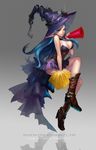  aqua_hair blue_eyes boots breasts cheerleader cleavage crossed_legs hat highres knee_boots large_breasts lova megaphone original plant pointy_ears pom_poms sitting skirt solo thorns vines witch_hat 