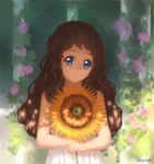  1girl blue_eyes brown_hair flower kyoukai_no_kanata long_hair looking_at_viewer qingmingtongzi shindou_ai solo sunflower 