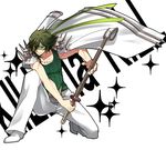  bad_id bad_pixiv_id green_hair jacket_on_shoulders jewelry kill_la_kill kneeling male_focus mask mojya necklace sanageyama_uzu shinai solo sword weapon 
