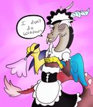  antler antlers clothing discord_(mlp) draconequus english_text eyes_closed feather_duster friendship_is_magic hi_res horn maid_uniform male my_little_pony open_mouth smile solo standing text wings wonder-waffle 