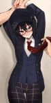  1other ameman androgynous anger_vein black_hair black_hat black_jacket blue_vest blush collared_shirt command_spell fate/samurai_remnant fate_(series) glasses grabbing_another's_necktie hair_between_eyes hat highres jacket kabedon long_sleeves looking_at_viewer medium_hair necktie newsboy_cap open_clothes open_jacket pants plaid_clothes plaid_pants red-framed_eyewear red_necktie shirt sidelocks suit_jacket tie_clip unbuttoned_jacket vest white_shirt yamato_takeru_(fate) yamato_takeru_(second_ascension)_(fate) yellow_eyes 