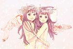  2girls angel_wings bad_id bad_pixiv_id hug long_hair multiple_girls nude original purple_eyes purple_hair siblings smile twins wings 