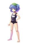  barefoot black_school_swimsuit blue_eyes blue_hair feet flat_chest hand_on_hip hat hyuuga_azuri kawashiro_nitori one-piece_swimsuit school_swimsuit short_hair solo swimsuit touhou two_side_up 