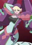  1girl armor blonde_hair breasts corruption em_wave_change_(mega_man) gloves helmet highres lamia luna_platz_(mega_man) mega_man_(series) mega_man_star_force_(series) midriff monster_girl mouth_veil oq_k9m purple_gloves purple_helmet queen_ophiuca_(mega_man) shoulder_armor snake tongue veil yellow_eyes 