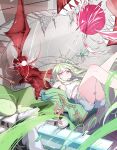  1girl absurdres ahoge bandaid bandaid_on_leg bandaid_on_thigh bare_shoulders breasts camisole commentary_request crop_top dolphin_shorts dragon dragon_wings green_eyes green_hair green_jacket grey_shirt hair_ornament highres jacket korean_commentary long_hair looking_at_animal lying multicolored_eyes on_back open_clothes open_jacket pink_eyes pol060 powering_up shirt shorts star_(symbol) star_hair_ornament stellive underboob white_camisole wings yuzuha_riko 