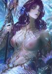 1girl breasts chain cowboy_shot curtained_hair earrings garofano_(path_to_nowhere) hand_up highres holding holding_polearm holding_weapon jewelry looking_at_viewer love_and_deepspace medium_breasts merfolk mermaid monster_girl parted_bangs path_to_nowhere polearm rafayel_(lemurian_sea_god)_(love_and_deepspace) rafayel_(love_and_deepspace) renepolumorfous sitting solo topless_female trident underwater weapon 