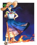  1girl absurdres adapted_costume blue_dress blue_hair bread_master commentary dress english_commentary flip-flops full_body hat highres hinanawi_tenshi long_hair one_eye_closed peach_hat_ornament planted planted_sword red_eyes sandals short_hair_with_long_locks sky sky_print solo standing star_(sky) starry_sky straw_hat sun_hat sword sword_of_hisou touhou two-tone_dress variant_set weapon white_dress 