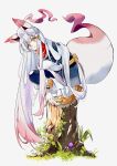  1girl akari_(pokemon) akari_(pokemon)_(cosplay) animal_ears black_jacket black_pantyhose blush closed_mouth cocoa_s3 commentary_request cosplay galaxy_team_survey_corps_uniform highres hisuian_zorua jacket long_hair loose_socks on_tree_stump pantyhose personification pokemon pokemon_legends:_arceus red_nails red_scarf scarf shirt shoes sidelocks socks squatting tail very_long_hair white_hair white_socks yellow_eyes 