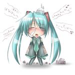  aqua_hair bibi blush chibi closed_eyes detached_sleeves hatsune_miku ice_pack long_hair lyrics necktie sick snot solo thighhighs tissue translated twintails vocaloid 