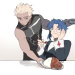  1boy 1girl archer_(fate) black_robe blue_hair ciel_(tsukihime) closed_eyes commentary_request curry dark-skinned_male dark_skin eating fate/stay_night fate_(series) food foodgasm glasses hand_on_own_cheek hand_on_own_face holding holding_plate holding_spoon in-franchise_crossover long_sleeves momoka_(abc_momoka0718) nun plate robe shirt short_hair sideways_glance sleeveless sleeveless_shirt spoon tsukihime white_hair 