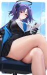  1girl absurdres anger_vein black_halo black_jacket black_skirt black_suit blue_archive blue_necktie blue_screen_of_death blue_sky border breasts cellphone chair character_sticker closed_mouth collared_shirt commentary_request crossed_legs day doodle_sensei_(blue_archive) gloves hair_between_eyes hair_intakes hair_ornament halo heat_(uybh) highres id_card indoors jacket large_breasts legs long_hair looking_ahead looking_at_phone mechanical_halo miniskirt monitor necktie off_shoulder open_clothes open_jacket parted_bangs phone purple_eyes purple_hair sensei_(blue_archive) shirt sidelocks sitting skirt skirt_suit sky smartphone solo sticker suit sweat swivel_chair thick_thighs thighs triangle_hair_ornament two-sided_fabric two-sided_jacket two_side_up very_long_hair white_border white_gloves white_jacket white_shirt window yuuka_(blue_archive) 