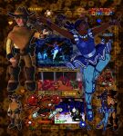  1girl 2boys 3d bendedede blue_(deltarune) blue_pantyhose boots clay_(medium) color_guide commentary cosplay cowboy_hat cowboy_western dancing dark-skinned_female dark-skinned_male dark_skin deltarune double_bun dress english_commentary fighting_game flower fringe_trim gameplay_mechanics gun hair_bun hat highres holster humanization jewelry mixed_media multiple_boys multiple_girls necklace orange_(deltarune) outstretched_arms pantyhose poncho spread_arms tutu unconventional_media utdr_(toby_fox) very_dark_skin weapon yellow_(deltarune) 