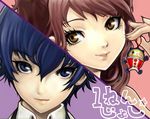  bad_id bad_pixiv_id blue_hair blush character_doll closed_mouth keychain kujikawa_rise kuma_(persona_4) lips looking_at_viewer multiple_girls parted_lips persona persona_4 shirogane_naoto short_hair simple_background split_screen upper_body y-chan 